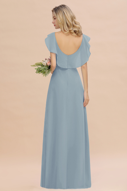 V-Neck A-line Bridesmaid Dress Chiffon Long Wedding Party Dress with Split