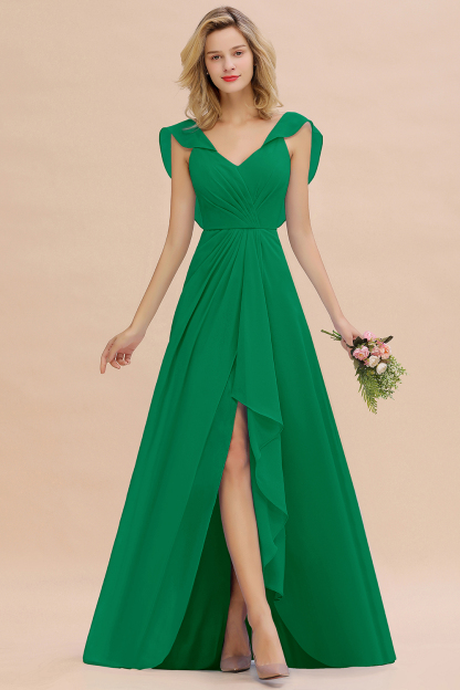 V-Neck A-line Bridesmaid Dress Chiffon Long Wedding Party Dress with Split