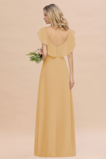 V-Neck A-line Bridesmaid Dress Chiffon Long Wedding Party Dress with Split