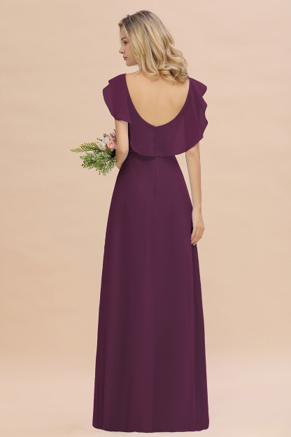 V-Neck A-line Bridesmaid Dress Chiffon Long Wedding Party Dress with Split