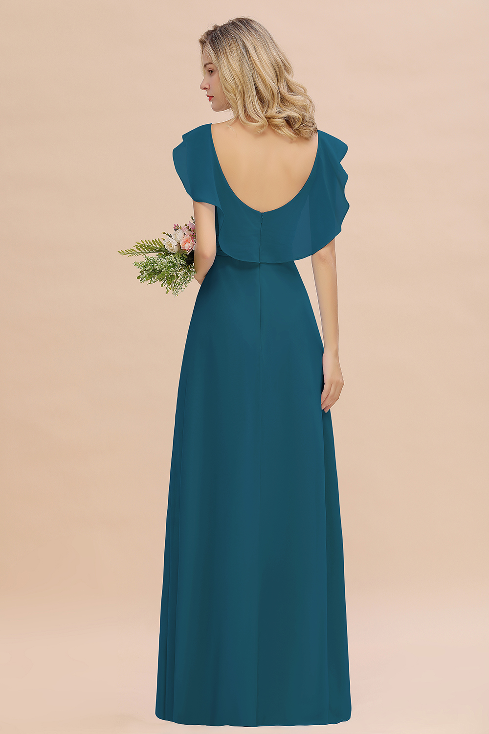V-Neck A-line Bridesmaid Dress Chiffon Long Wedding Party Dress with Split