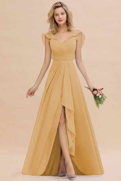 V-Neck A-line Bridesmaid Dress Chiffon Long Wedding Party Dress with Split