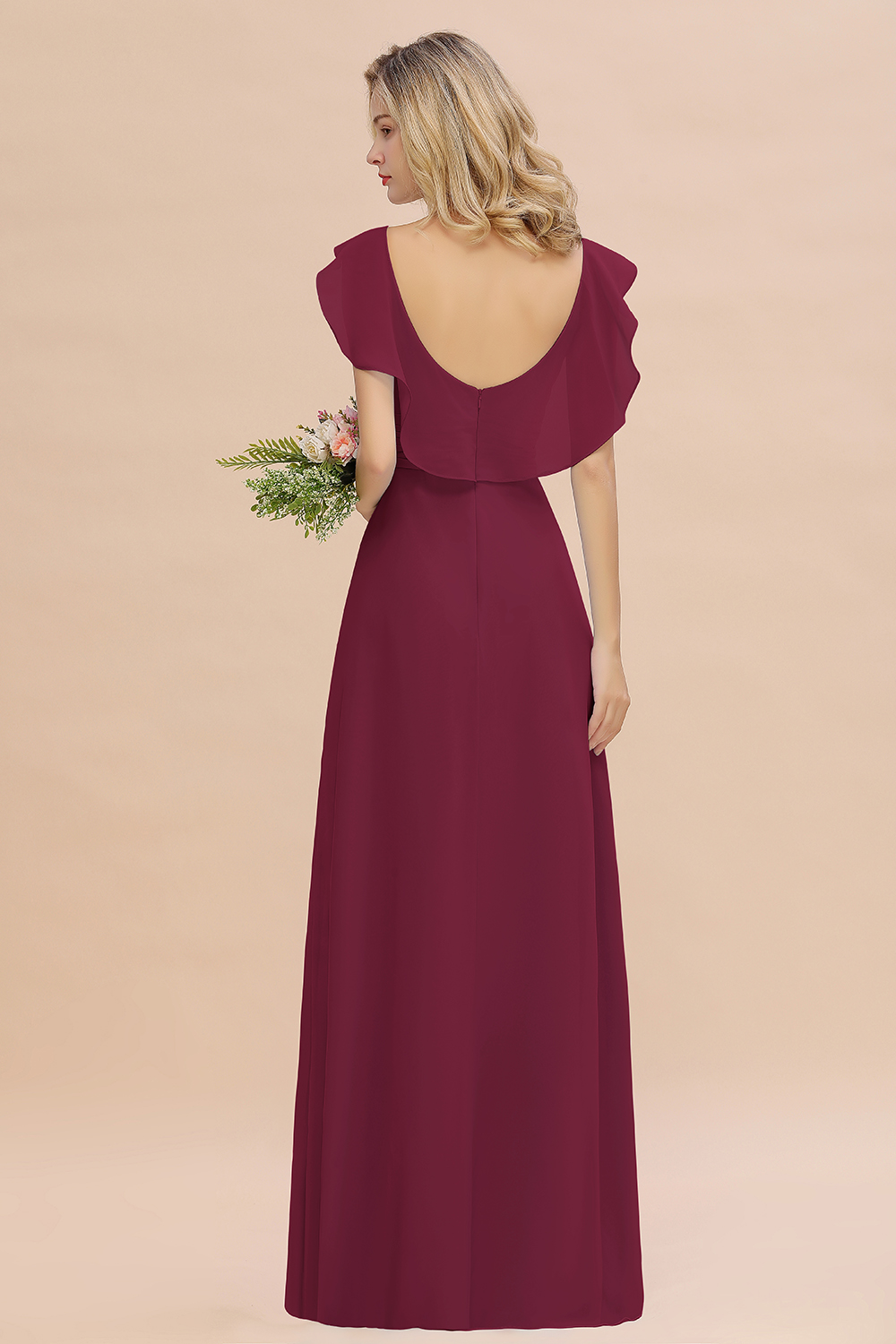 V-Neck A-line Bridesmaid Dress Chiffon Long Wedding Party Dress with Split