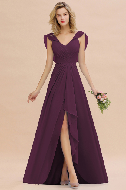 V-Neck A-line Bridesmaid Dress Chiffon Long Wedding Party Dress with Split
