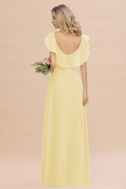 V-Neck A-line Bridesmaid Dress Chiffon Long Wedding Party Dress with Split
