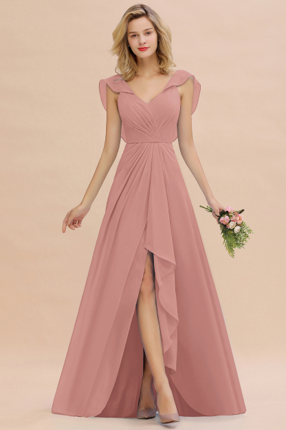 V-Neck A-line Bridesmaid Dress Chiffon Long Wedding Party Dress with Split