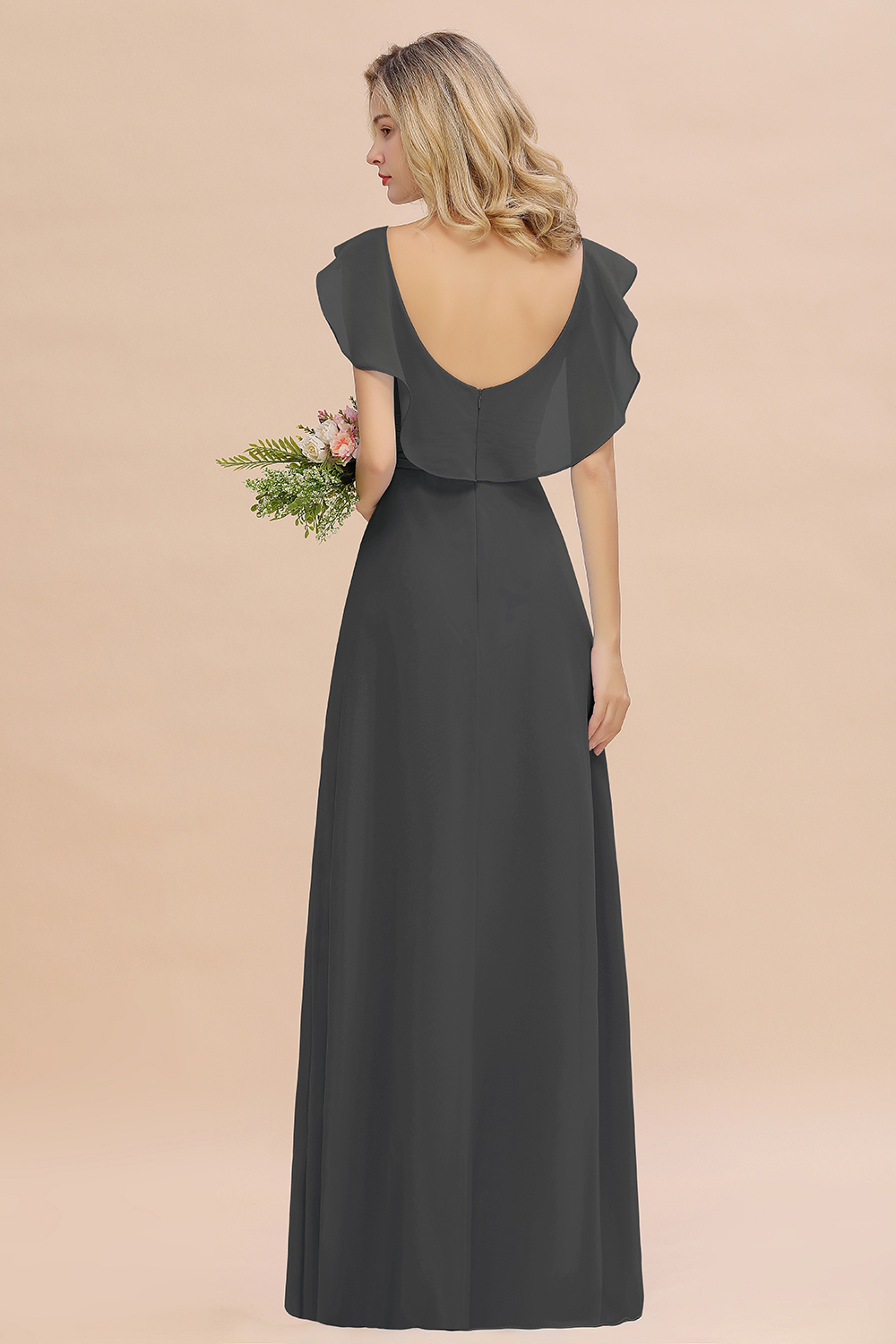 V-Neck A-line Bridesmaid Dress Chiffon Long Wedding Party Dress with Split