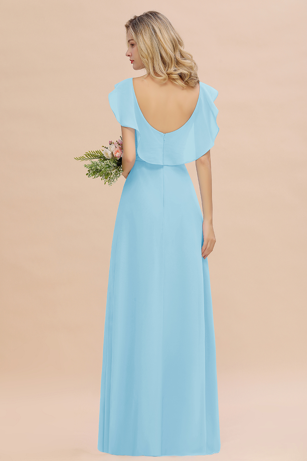 V-Neck A-line Bridesmaid Dress Chiffon Long Wedding Party Dress with Split