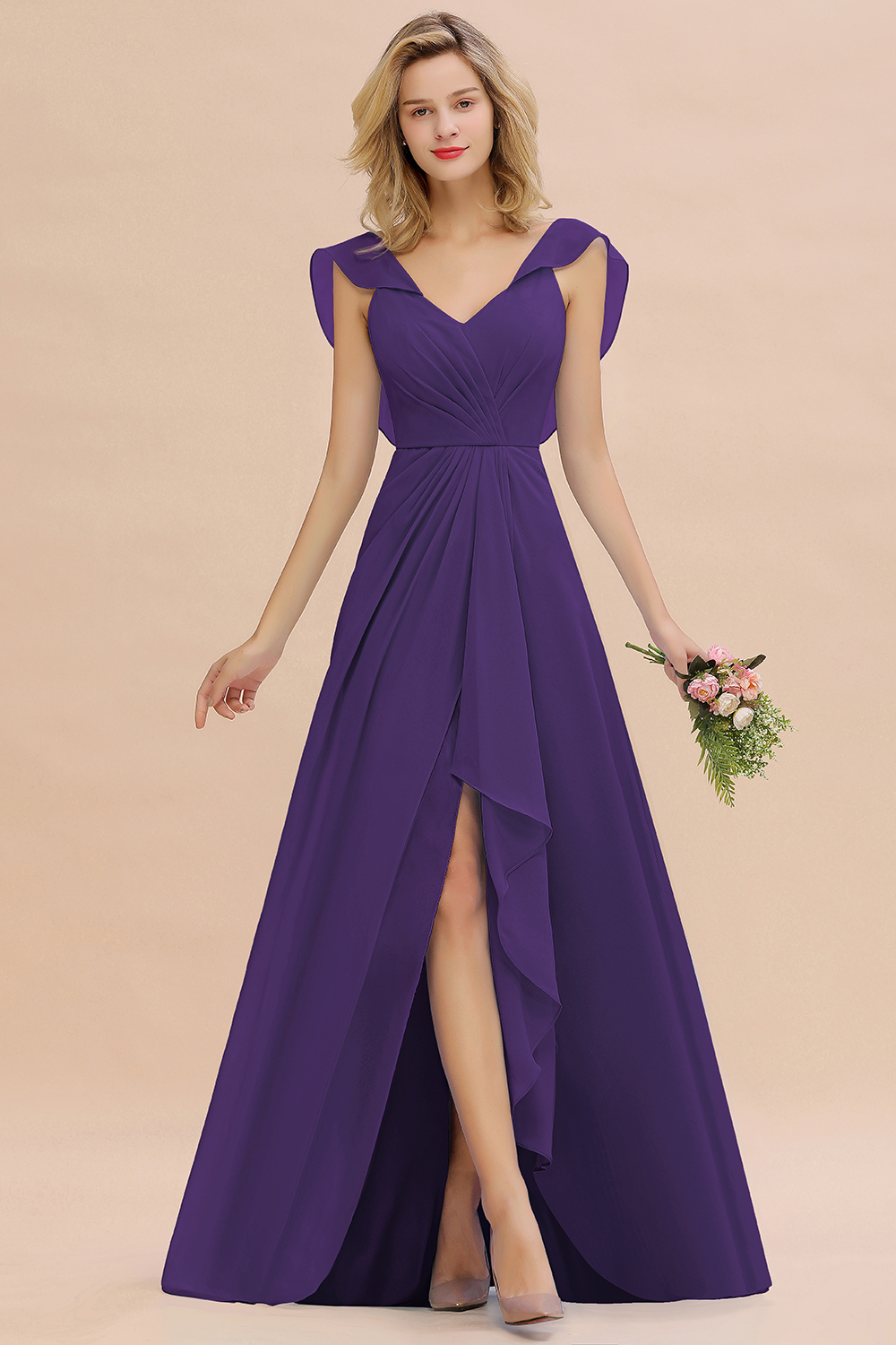 V-Neck A-line Bridesmaid Dress Chiffon Long Wedding Party Dress with Split