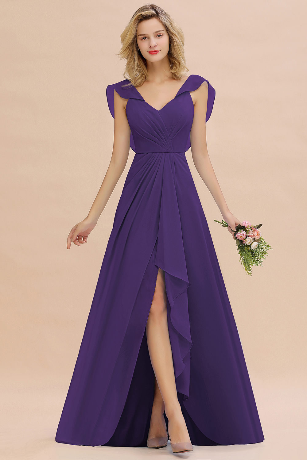 V-Neck A-line Bridesmaid Dress Chiffon Long Wedding Party Dress with Split