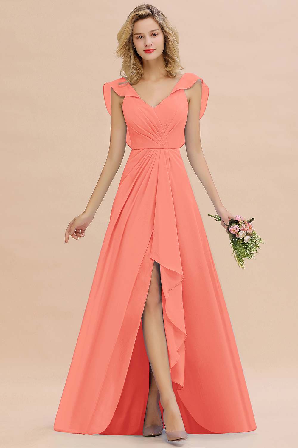 V-Neck A-line Bridesmaid Dress Chiffon Long Wedding Party Dress with Split