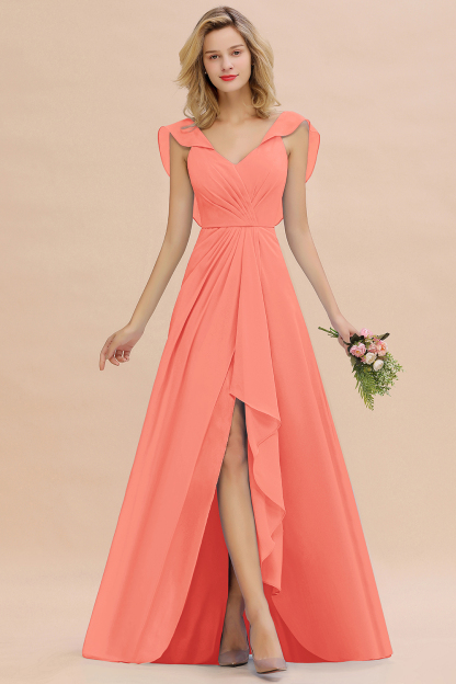 V-Neck A-line Bridesmaid Dress Chiffon Long Wedding Party Dress with Split