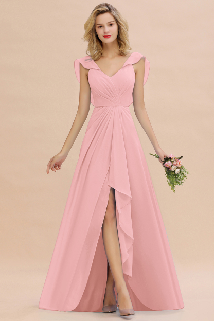 V-Neck A-line Bridesmaid Dress Chiffon Long Wedding Party Dress with Split