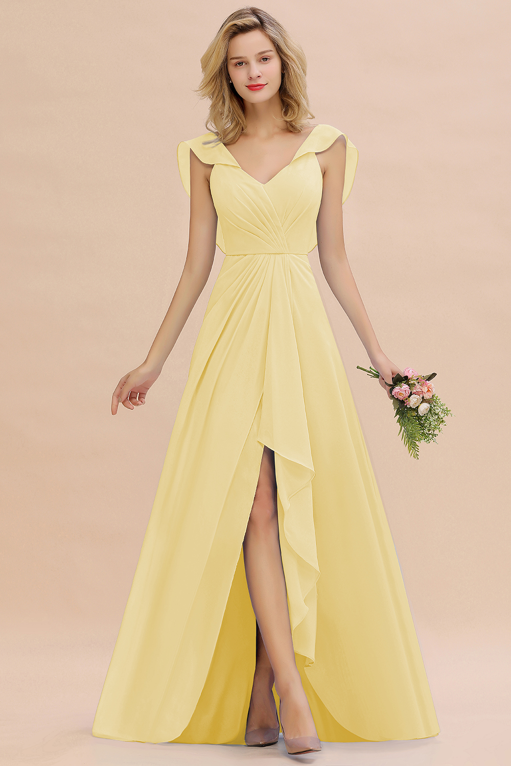 V-Neck A-line Bridesmaid Dress Chiffon Long Wedding Party Dress with Split