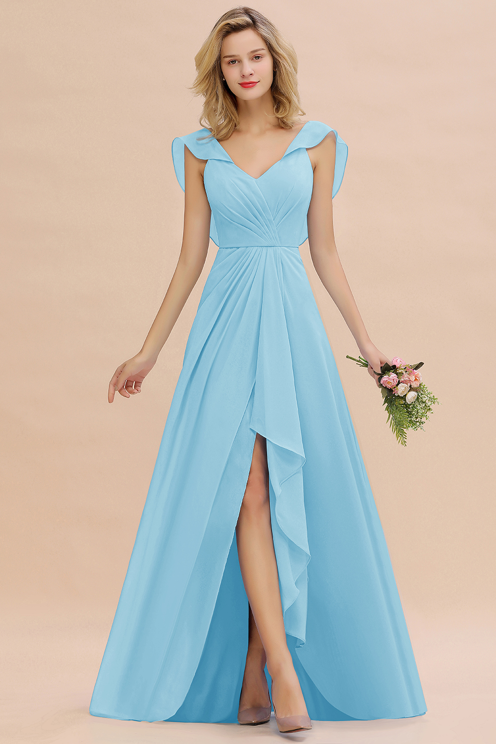 V-Neck A-line Bridesmaid Dress Chiffon Long Wedding Party Dress with Split