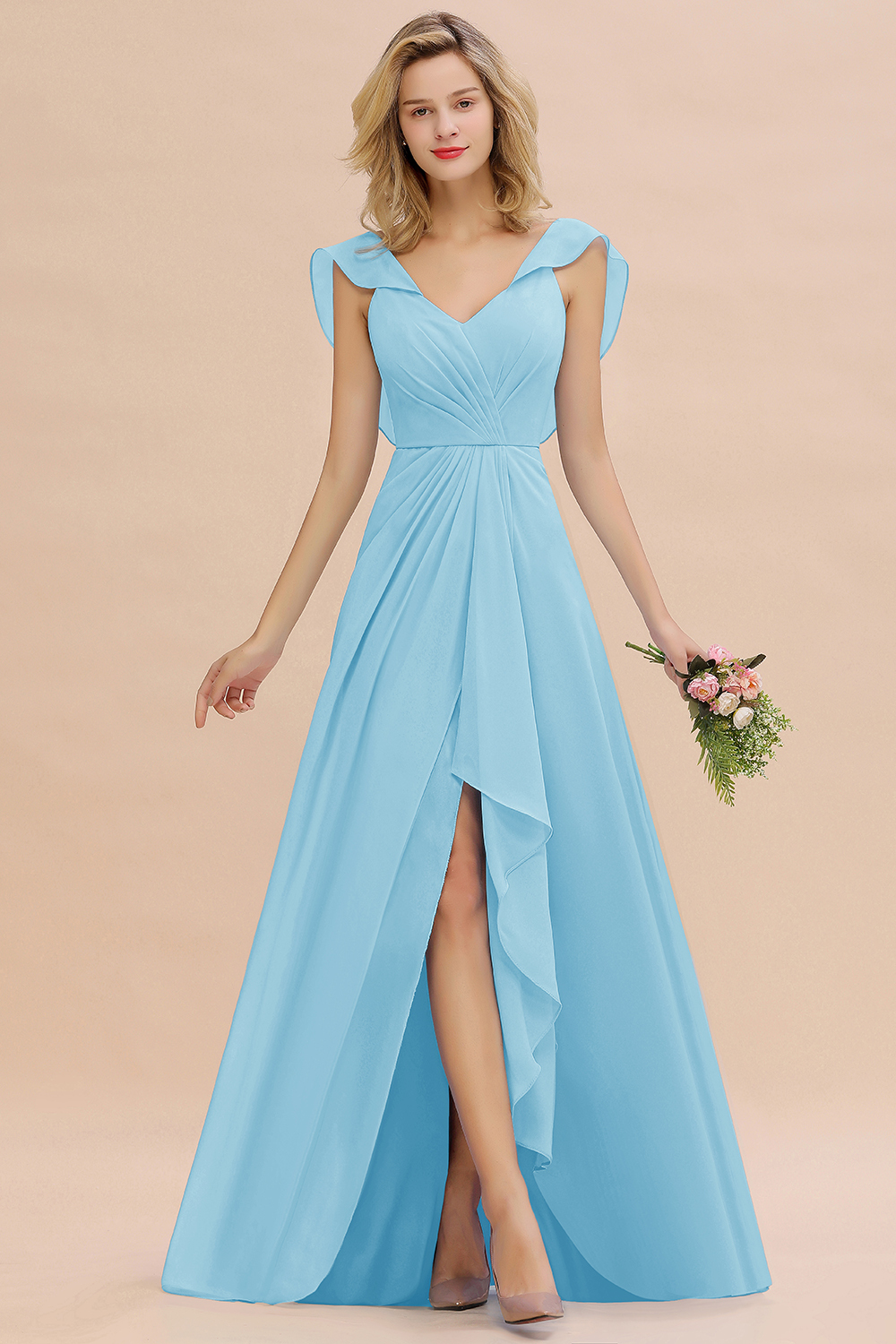 V-Neck A-line Bridesmaid Dress Chiffon Long Wedding Party Dress with Split