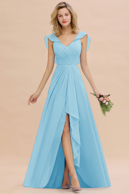 V-Neck A-line Bridesmaid Dress Chiffon Long Wedding Party Dress with Split