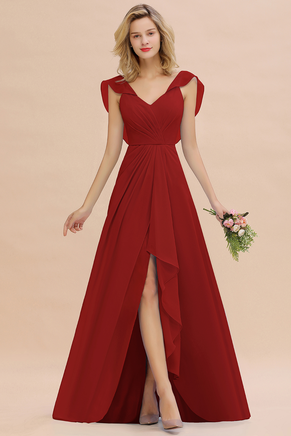 V-Neck A-line Bridesmaid Dress Chiffon Long Wedding Party Dress with Split