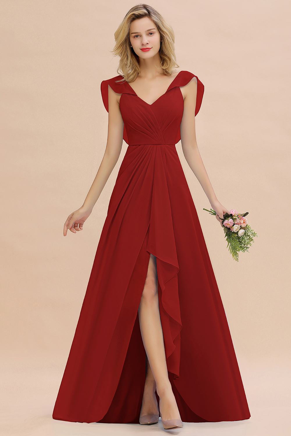 V-Neck A-line Bridesmaid Dress Chiffon Long Wedding Party Dress with Split