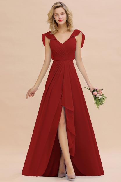 V-Neck A-line Bridesmaid Dress Chiffon Long Wedding Party Dress with Split