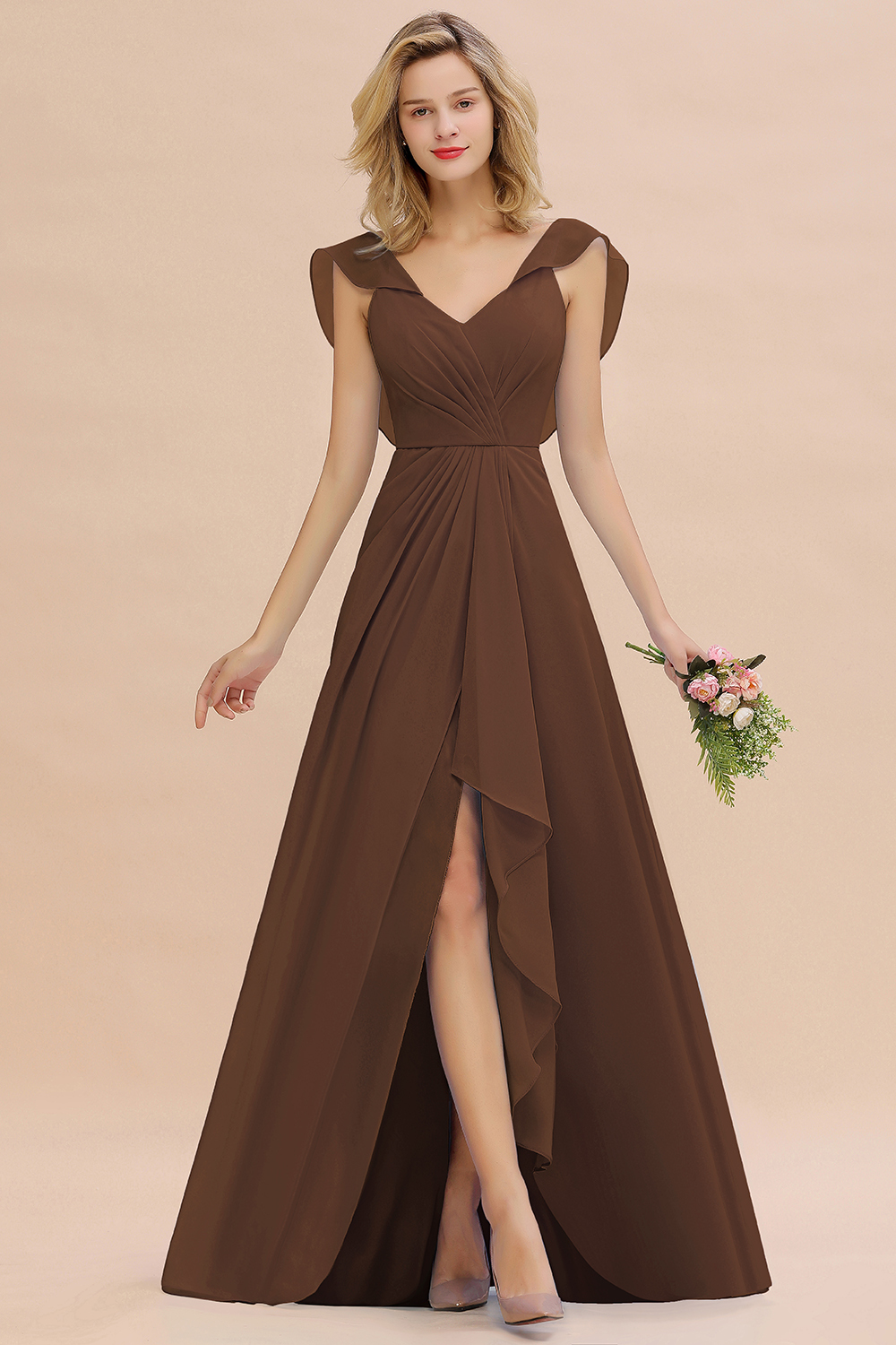 V-Neck A-line Bridesmaid Dress Chiffon Long Wedding Party Dress with Split