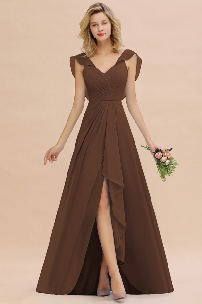 V-Neck A-line Bridesmaid Dress Chiffon Long Wedding Party Dress with Split