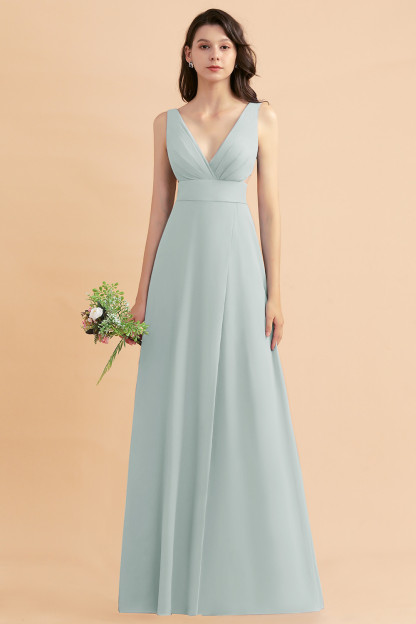 Dusty Blue Chiffon Bridesmaid Dress with Side Slit Long Wedding Guest Dress