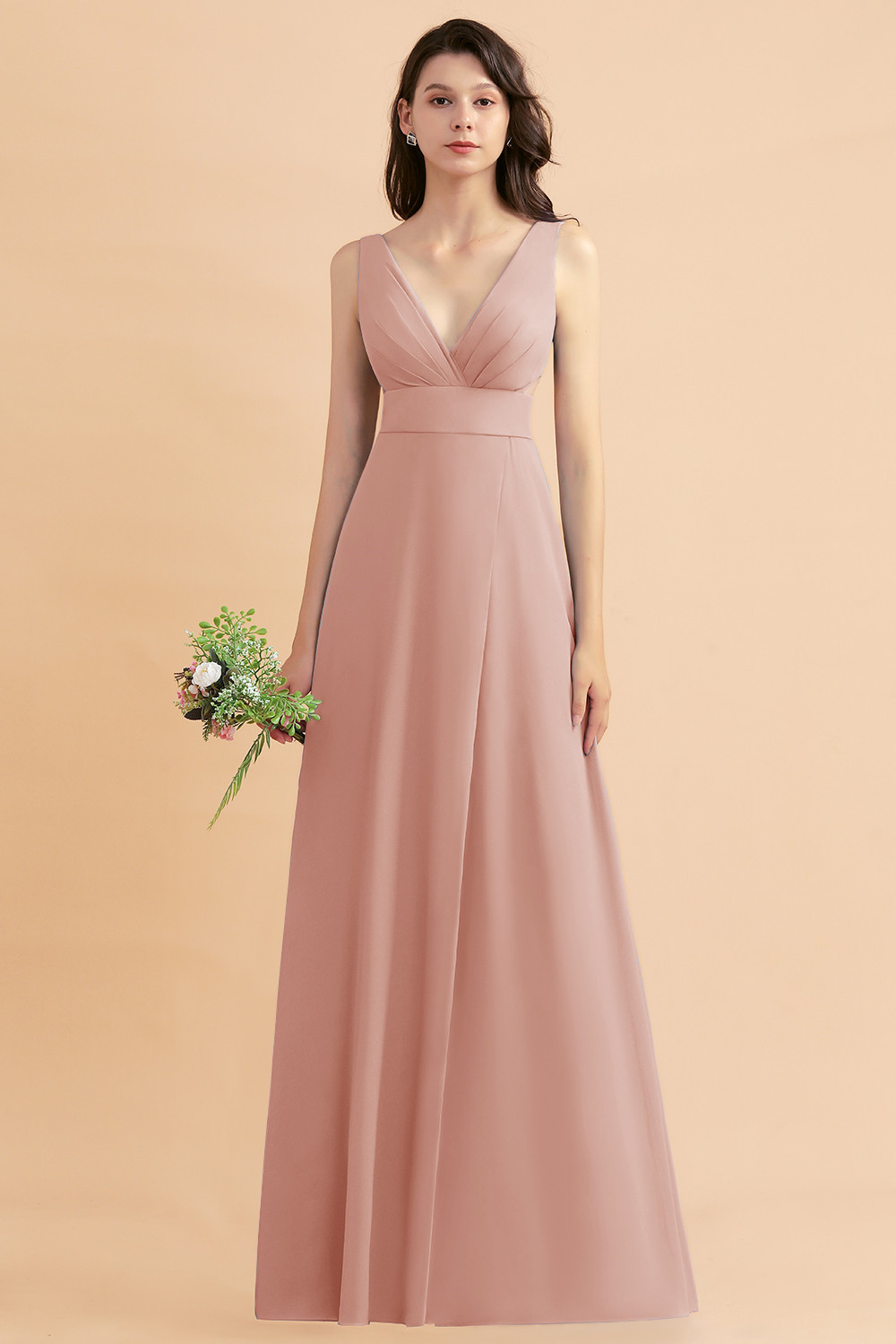 Dusty Blue Chiffon Bridesmaid Dress with Side Slit Long Wedding Guest Dress