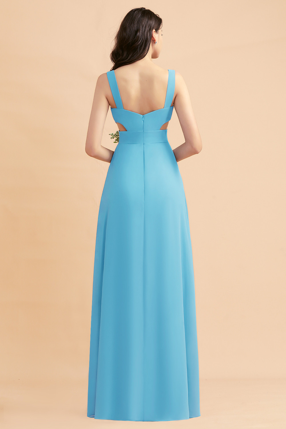 Dusty Blue Chiffon Bridesmaid Dress with Side Slit Long Wedding Guest Dress
