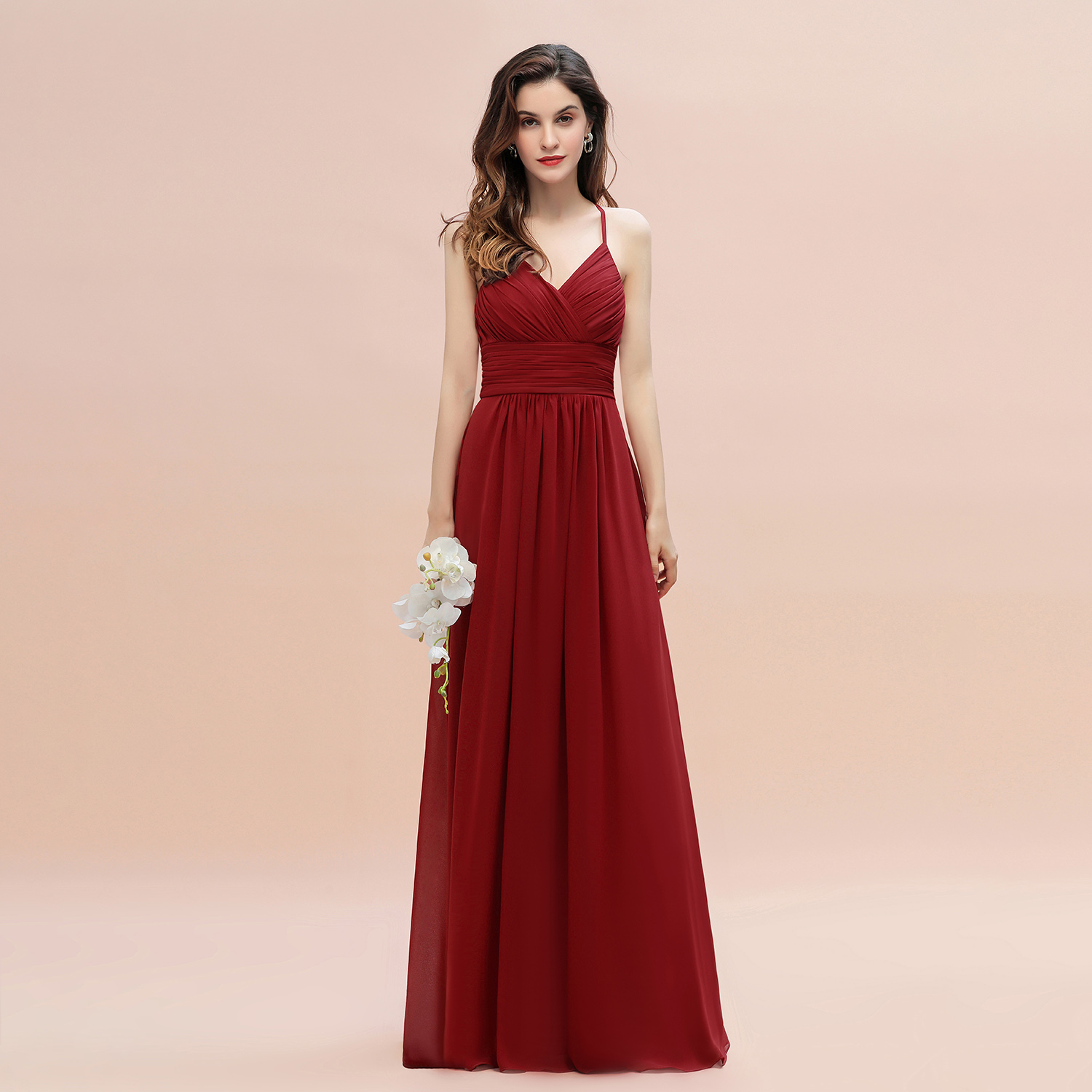 Spaghetti Straps Ruched Chiffon Rust Long Bridesmaid Dresses