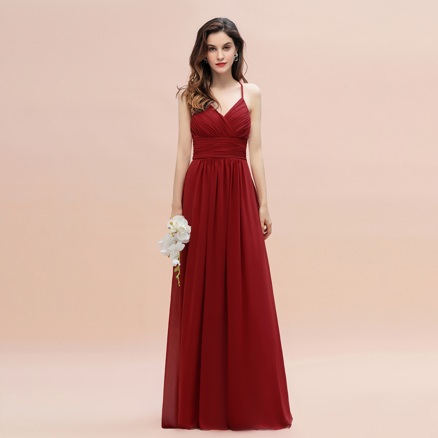 Spaghetti Straps Ruched Chiffon Rust Long Bridesmaid Dresses