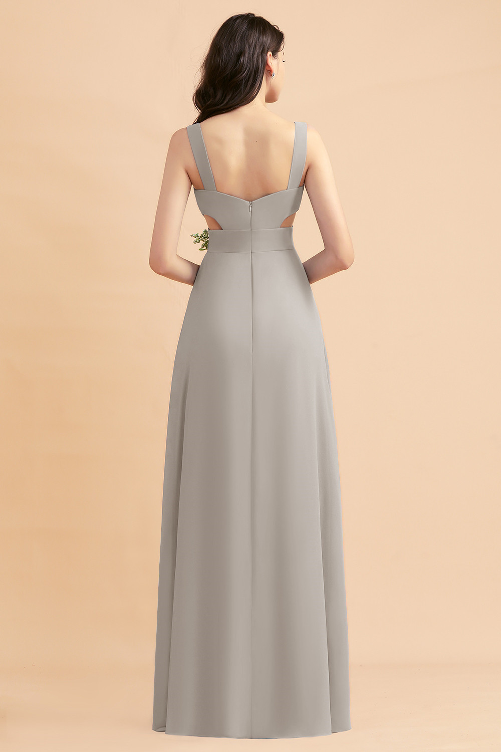 Dusty Blue Chiffon Bridesmaid Dress with Side Slit Long Wedding Guest Dress