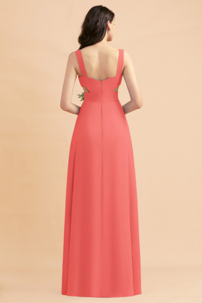 Dusty Blue Chiffon Bridesmaid Dress with Side Slit Long Wedding Guest Dress