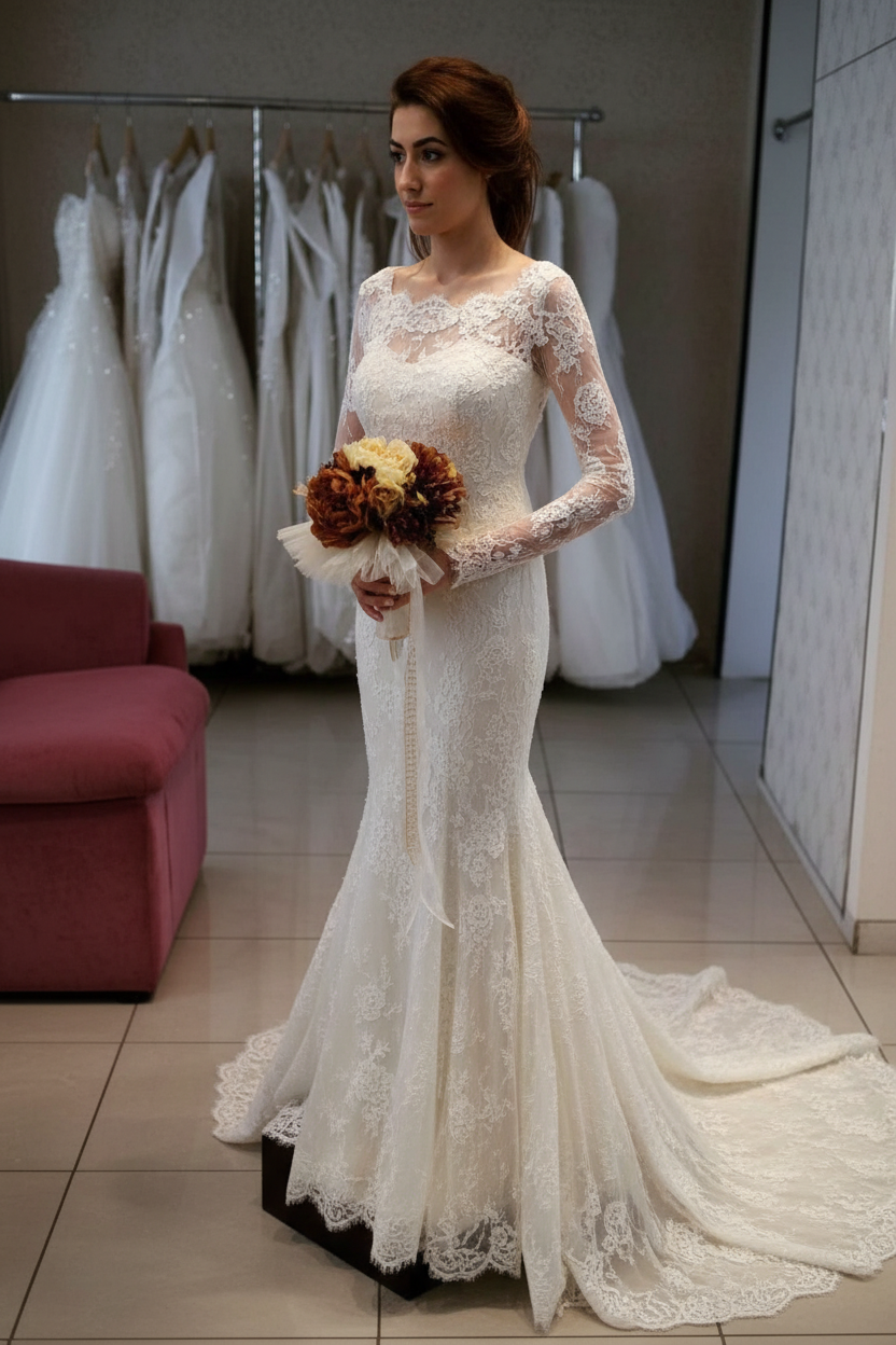 Pretty Long Sleeve Lace Wedding Dress Lace Zipper Button Back