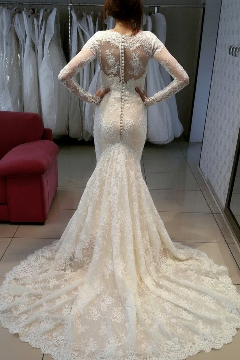 Pretty Long Sleeve Lace Wedding Dress Lace Zipper Button Back