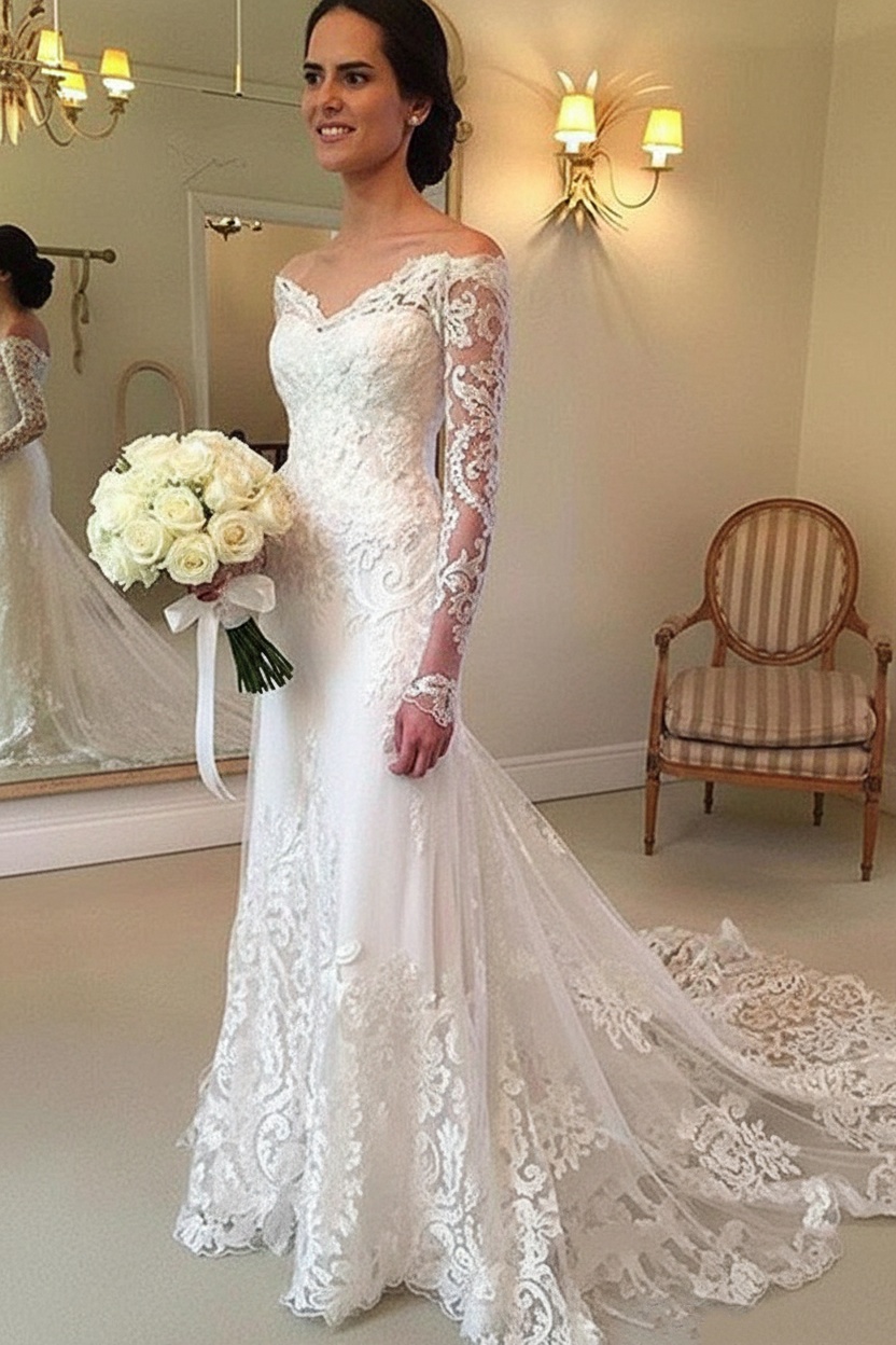 Court Train Applique Lace Sexy Mermaid Long Sleeves Off-the-Shoulder Wedding Dresses UK