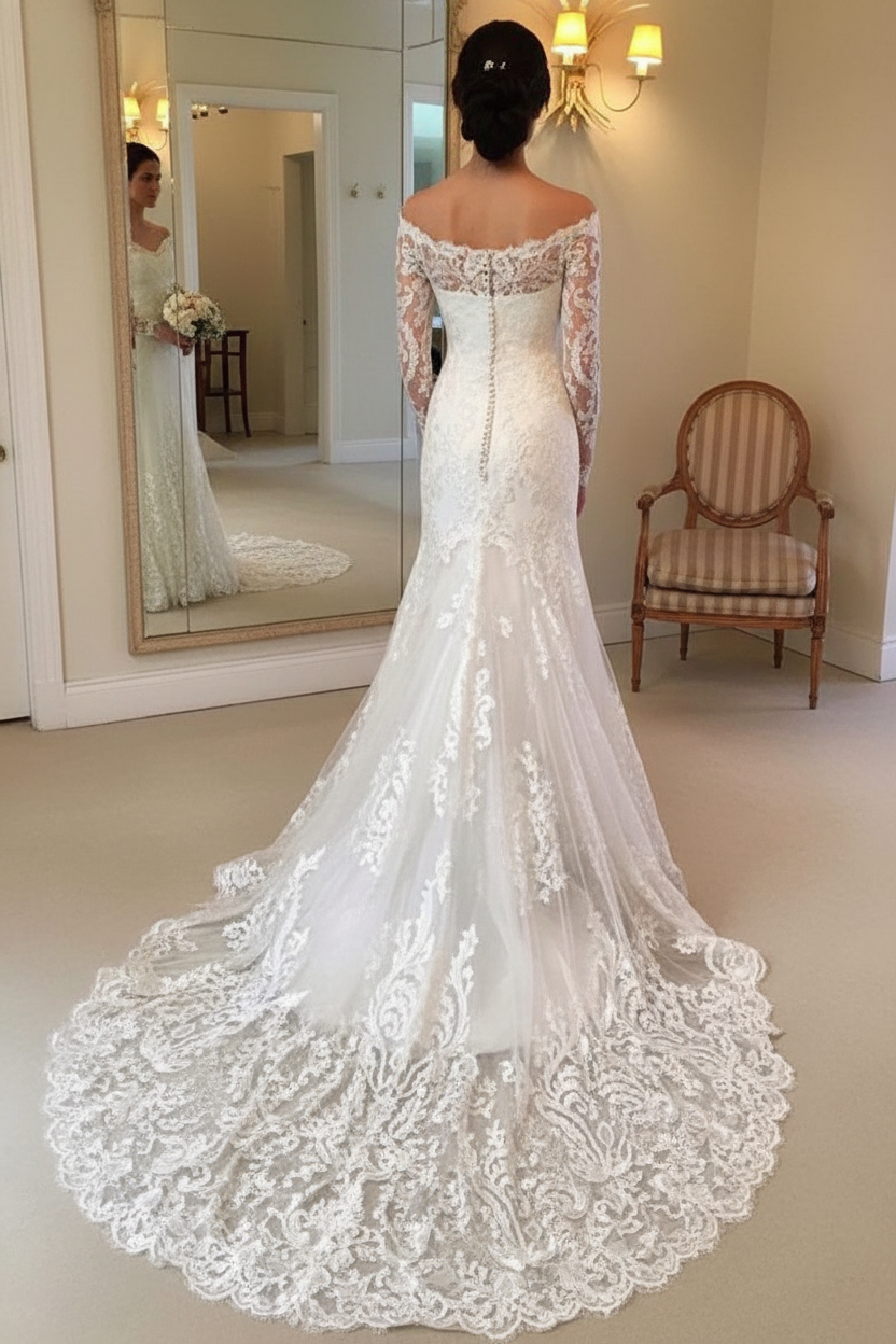Court Train Applique Lace Sexy Mermaid Long Sleeves Off-the-Shoulder Wedding Dresses UK