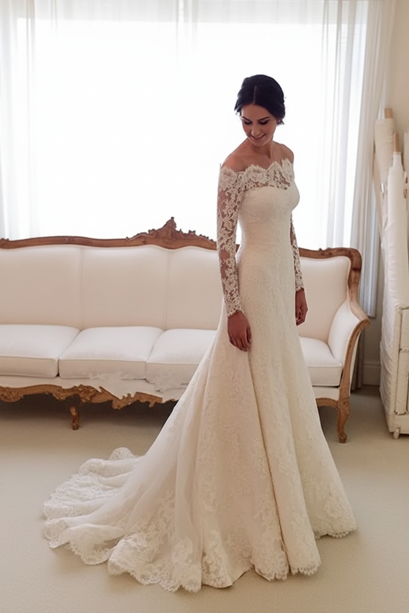 Elegant Long Sleeve Lace Wedding Dress With Long Train Mermaid/Trumpet Bridal Gown UK