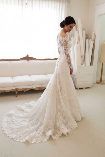Elegant Long Sleeve Lace Wedding Dress With Long Train Mermaid/Trumpet Bridal Gown UK