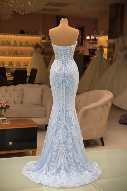 Gorgeous Sweetheart Mermaid Evening Gowns with Detachable Train Slim Floral Lace Prom Dress