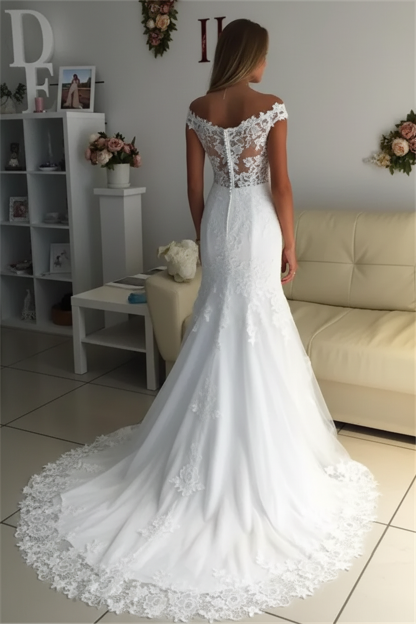 Off The Shoulder Lace Appliques Wedding Dress Discount Bridal Gowns