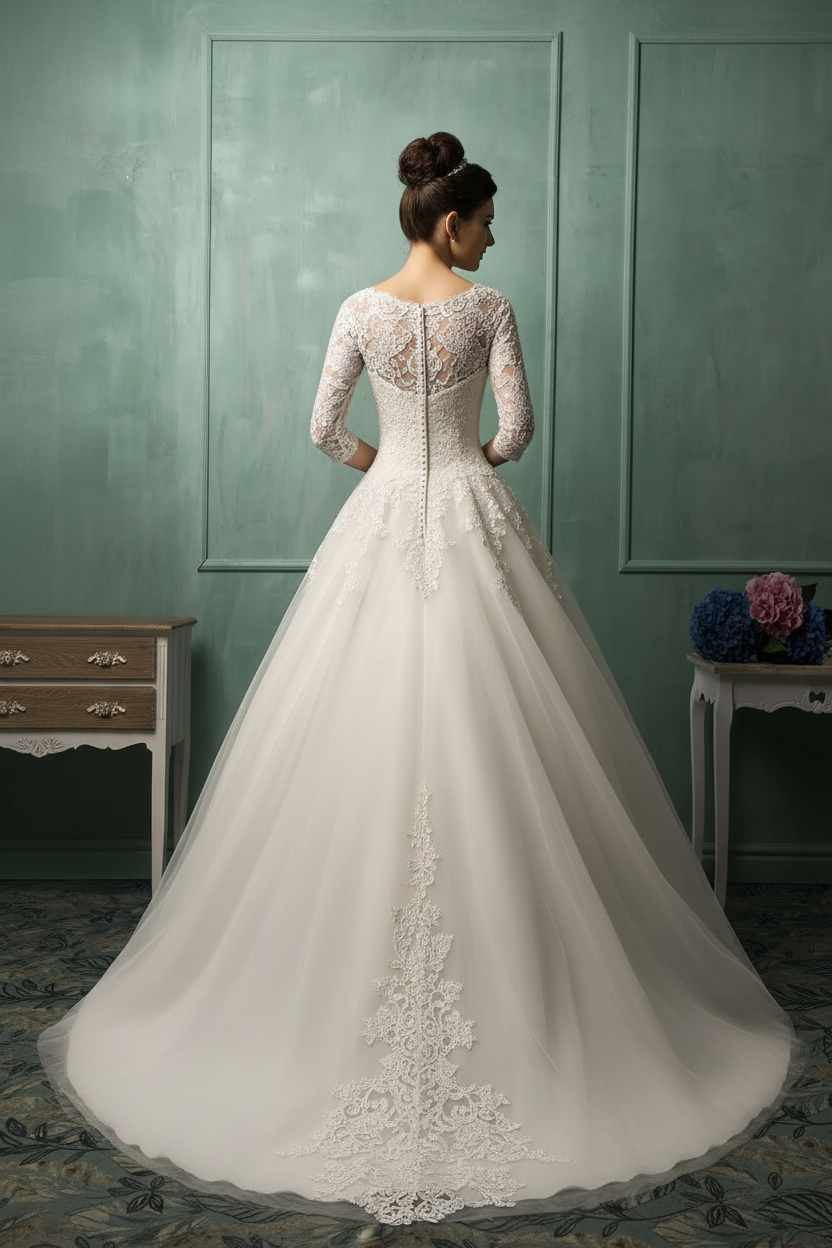 Elegant 3/4 Sleeve Lace Appliques Wedding Dresses UK Bridal Gowns with Bottons