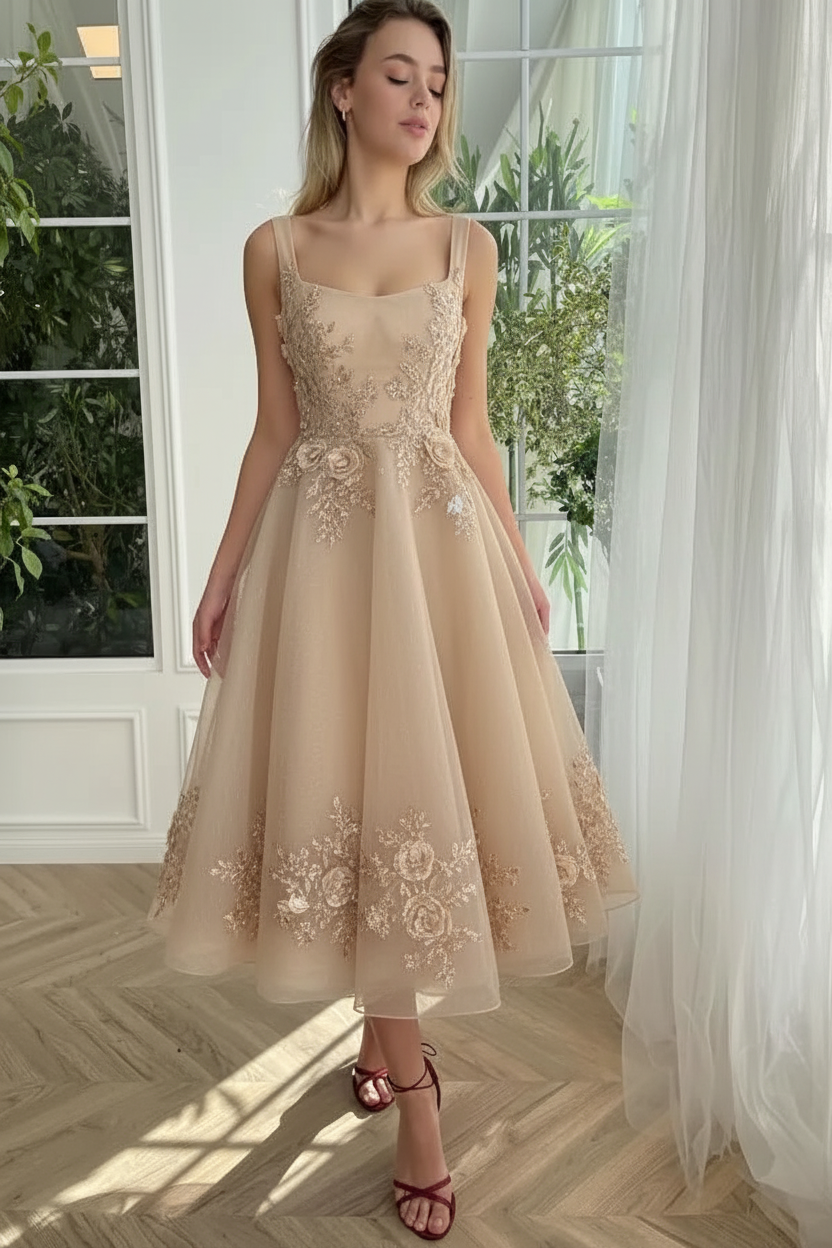 Straps Burgundy Tulle Floral Ankle Length Dress Sleeveless Prom Dress