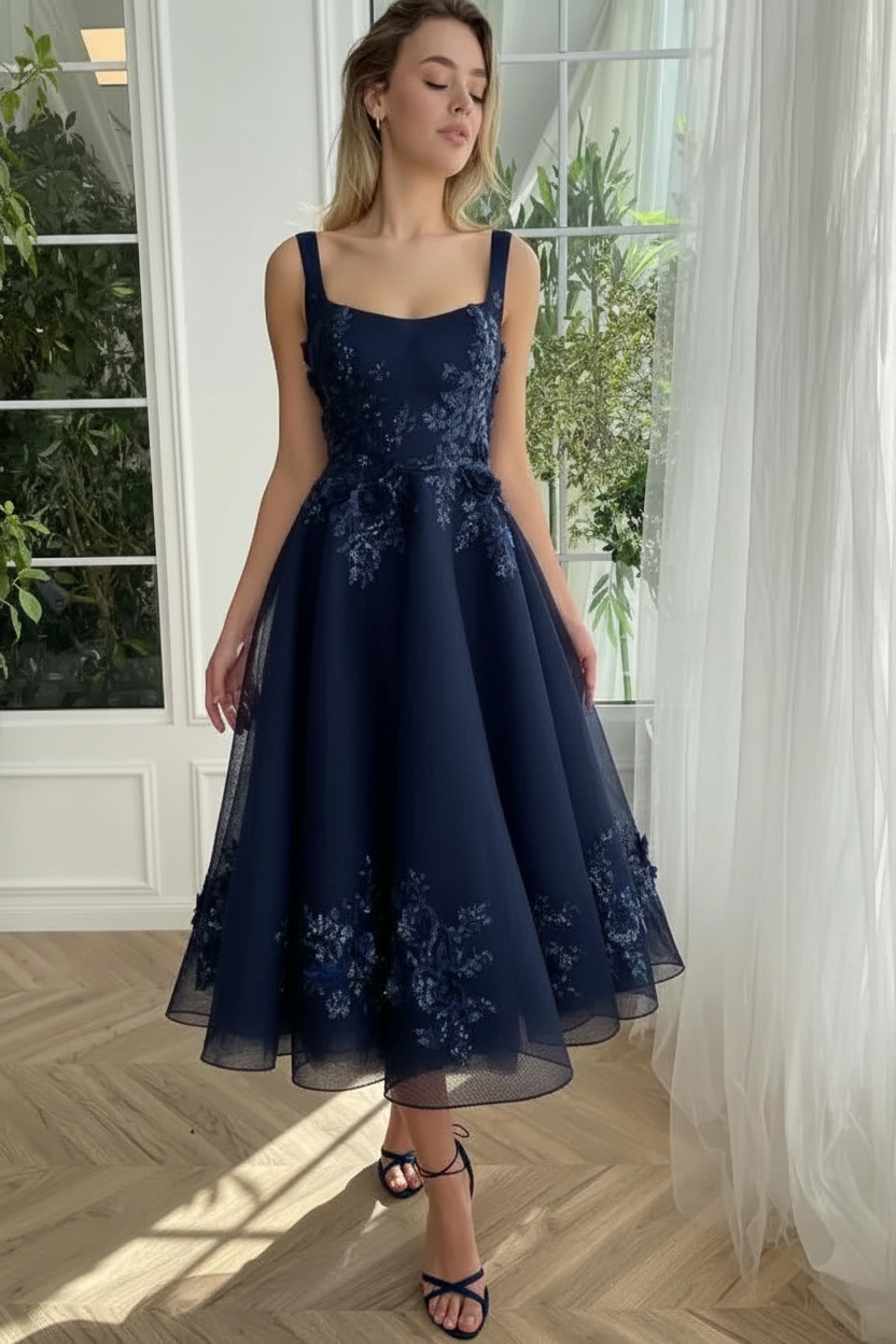 Straps Burgundy Tulle Floral Ankle Length Dress Sleeveless Prom Dress