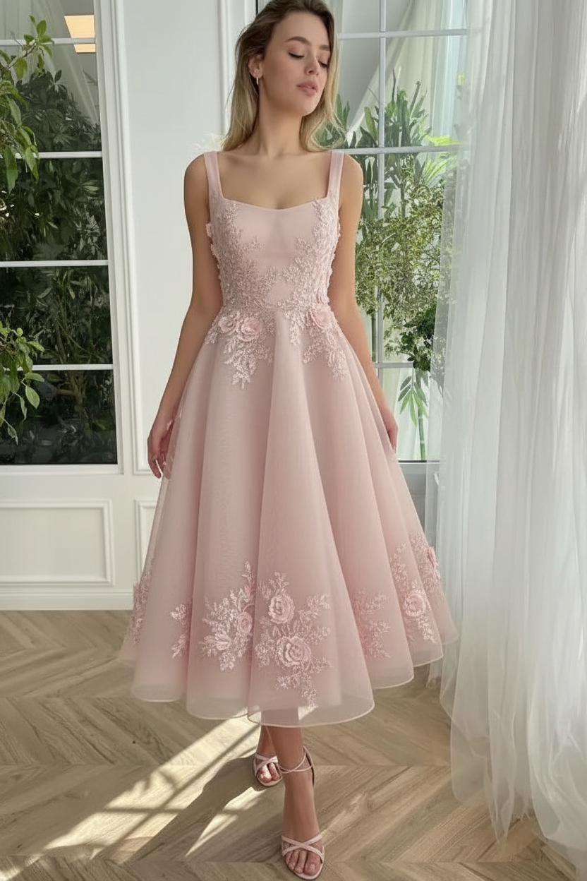 Straps Burgundy Tulle Floral Ankle Length Dress Sleeveless Prom Dress