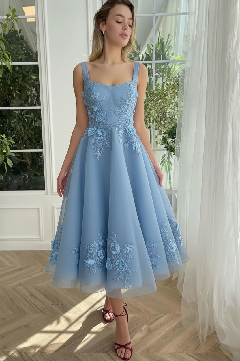 Straps Burgundy Tulle Floral Ankle Length Dress Sleeveless Prom Dress
