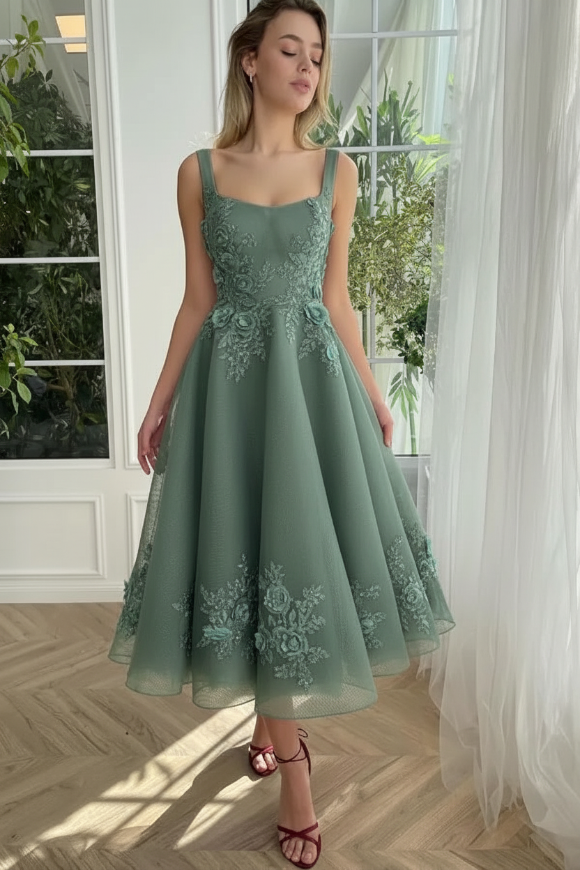 Straps Burgundy Tulle Floral Ankle Length Dress Sleeveless Prom Dress