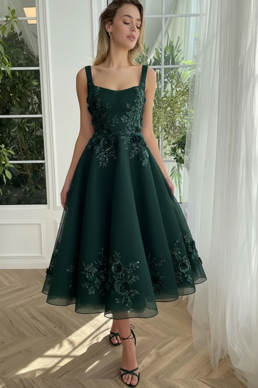 Straps Burgundy Tulle Floral Ankle Length Dress Sleeveless Prom Dress