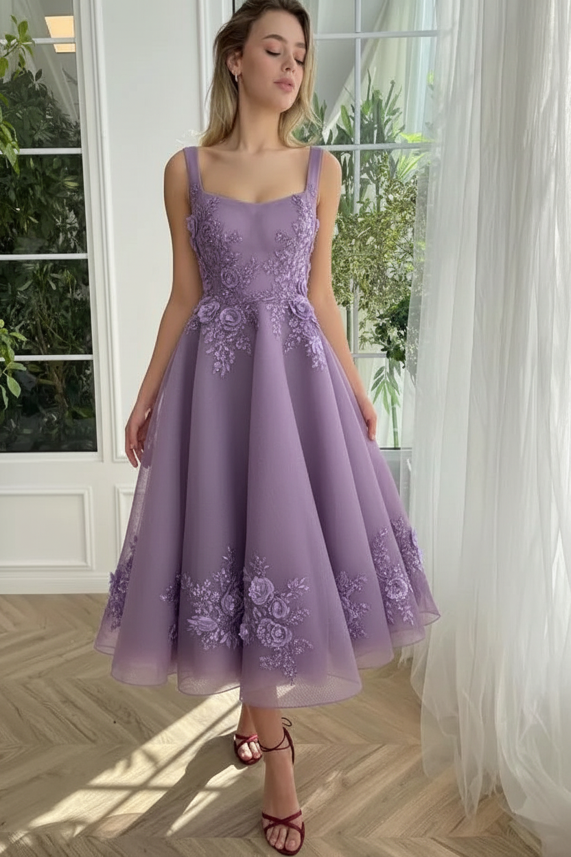 Straps Burgundy Tulle Floral Ankle Length Dress Sleeveless Prom Dress