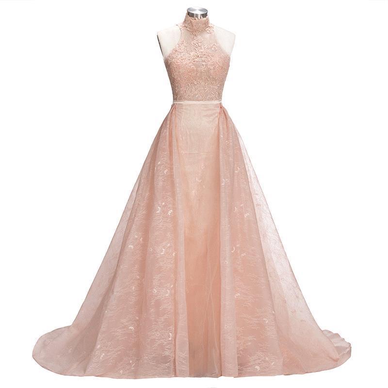 Popular Illusion Sleeveless High-Neck Unique Lace Sheath Puffy Overskirt Prom Dress UK jj0157